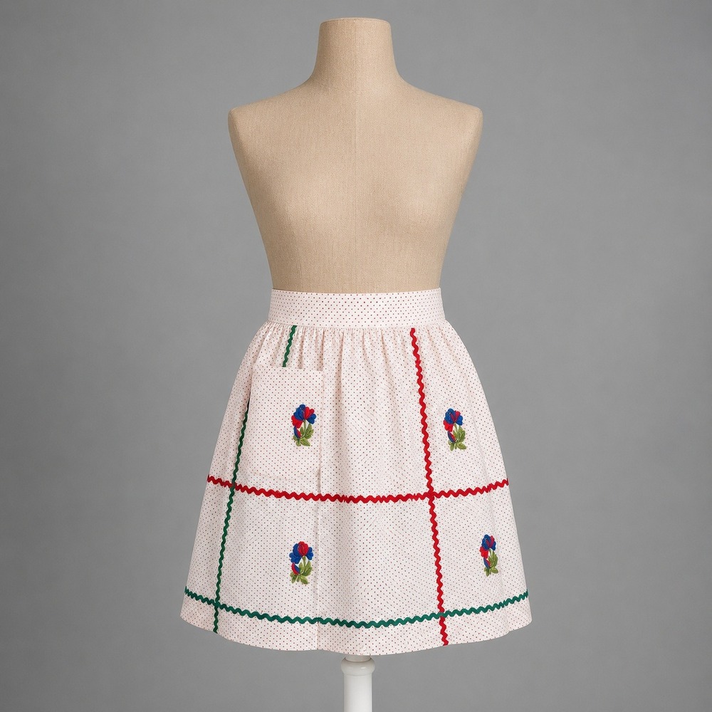 Vintage Handmade Floral Polka‎ Dot Half Apron Red Cottagecore Rickrack Prairie